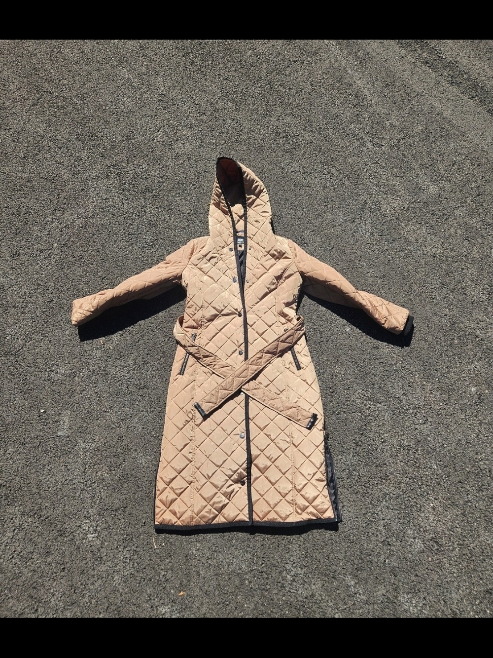 Dkny Quilted Hooded Long Puffer Coat in Tan